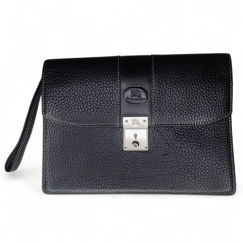 BURBERRY Black Leather Wristlet Clutch Bag Black Nova Check with Key Unisex